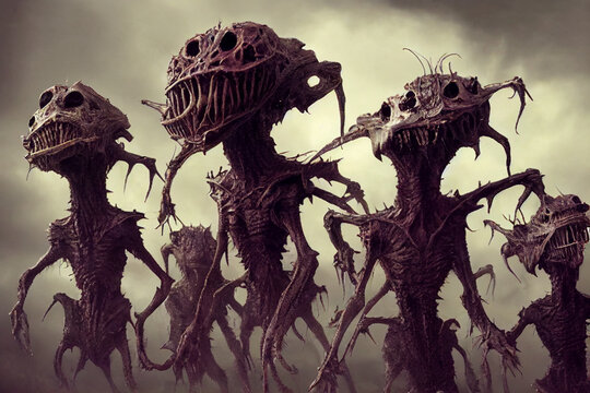 Group of scary monster alien ants. Nightmare alien monster looking at the camera, with big eyes and a sinister look