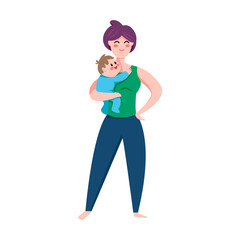 Mom and little baby in a good mood. Vector illustration of woman with newborn child. Cartoon mother isolated on white