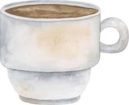 White porcelain black coffee mug. Espresso shot. Coffe drink watercolor clipart illustration.