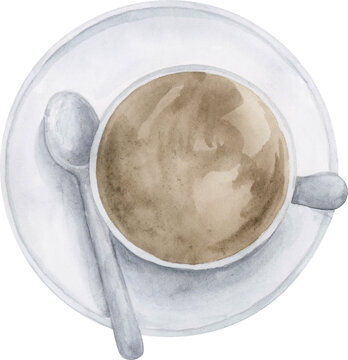 White porcelain black coffee cup on plate top view. Espresso shot. Coffe drink watercolor clipart illustration.