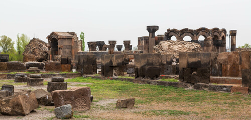 Columns and ruins of the ancient Zvartnots temple, a landmark of Armenia. Zvartnots, Armenia