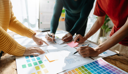  UX developer and ui designer brainstorming about mobile app interface wireframe design with...