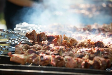 Ready-baked pork kebab on the coals of the grill.