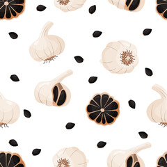 Set of black garlic isolated on white background. Asian cuisine. Vegetarian ingredient dark flavor. Backdrop for wallpaper, print, textile, fabric, wrapping. Vector illustration.