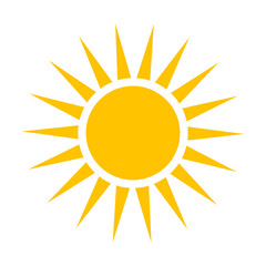 Shape of swelter sun. Vector illustration of bright yellow round sun with rays in summer. Cartoon sunrise glow isolated on white
