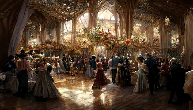 AI generated image of a grand Renaissance Ball in progress. Costumed ball. Medieval dresses