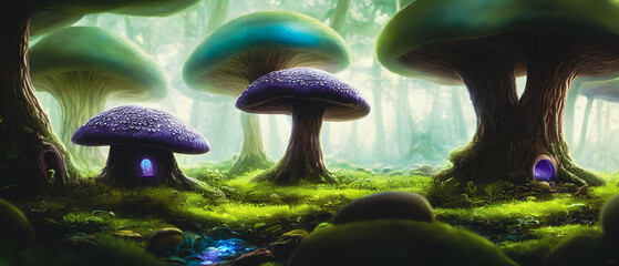 Artistic concept illustration of a magic tale mushroom house, background illustration.