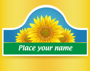 Beautiful yellow Sunflower on blue background, sunflower oil package template design - 543178907
