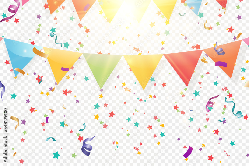 Poster Lots of colorful tiny confetti and ribbons on transparent background. Festive event and party. Multicolor background.Colorful bright confetti isolated on transparent background.	