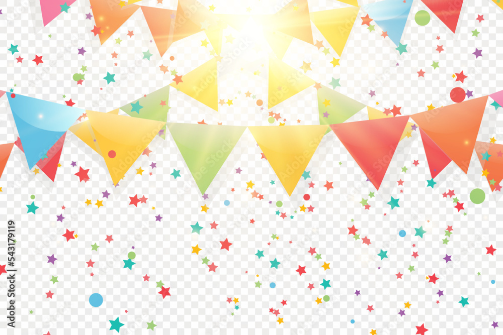 Poster Lots of colorful tiny confetti and ribbons on transparent background. Festive event and party. Multicolor background.Colorful bright confetti isolated on transparent background.	