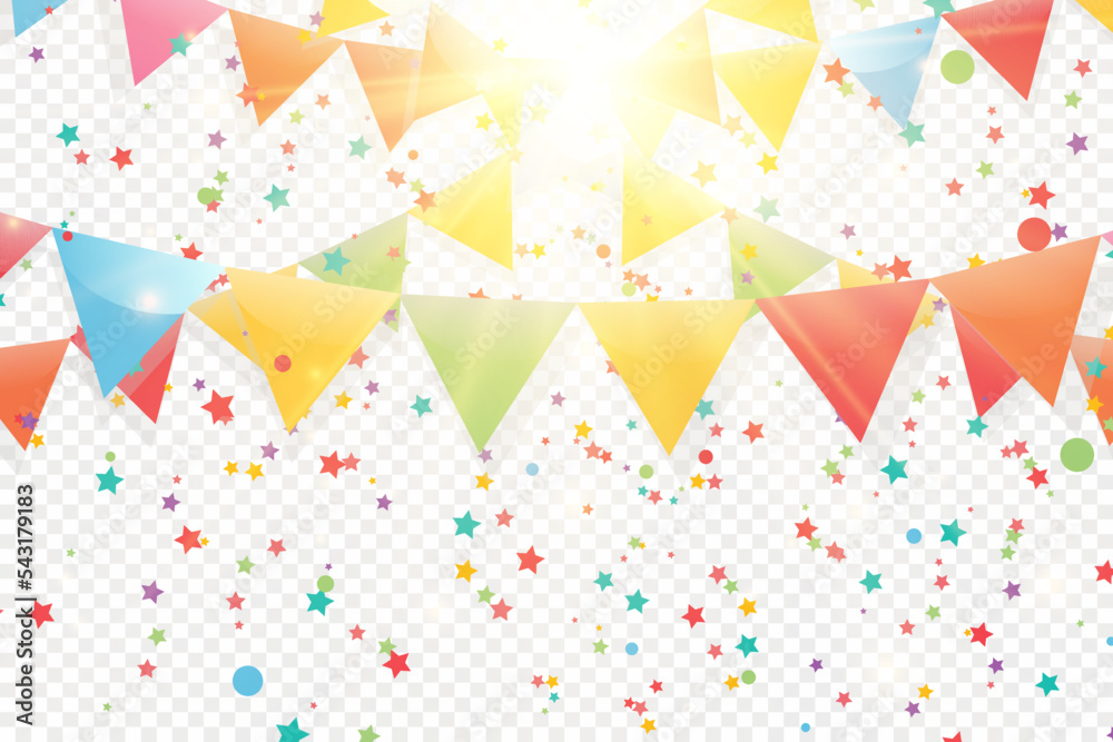 Poster Lots of colorful tiny confetti and ribbons on transparent background. Festive event and party. Multicolor background.Colorful bright confetti isolated on transparent background.	