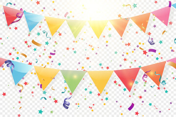 Fototapeta premium Lots of colorful tiny confetti and ribbons on transparent background. Festive event and party. Multicolor background.Colorful bright confetti isolated on transparent background. 