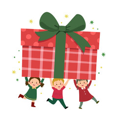 Happy children carrying a large gift box. Merry Christmas and Happy New Year card