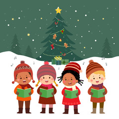 Happy kids singing Christmas Carols with Christmas tree - 543179799