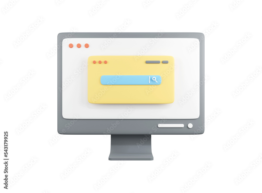 Poster 3d search bar with popup on desktop computer. 3d rendering.