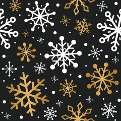 Design of Christmas background with golden snowflakes. Seamless pattern. Vector illustration