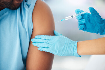 Covid vaccine, doctor hands with patient medical injection zoom in hospital or clinic for safety,...