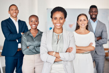 Black woman leadership, portrait and happy teamwork, management and collaboration, company vision and trust in office. Female ceo, diversity business people and corporate employees support in startup - obrazy, fototapety, plakaty