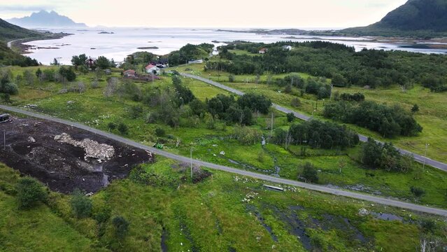 Aerial of a big group of birds flying around in Lofoten, Norway.