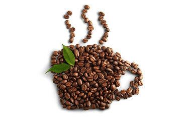 Roasted coffee beans placed in the shape of a cup and saucer on a white surface