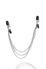 Close-up shot of black nipple clamps with a metal chain and rubber tips. Adjustable nipple clamps are isolated on a white background. Front view.