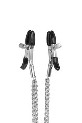 Cropped close-up shot of black nipple clamps with a metal chain and rubber tips. Adjustable nipple clamps are isolated on a white background. Front view.