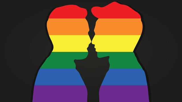 Lgbt Flag Colour Community. Two Man Gay Silhouette In Vector