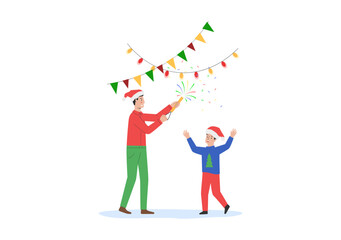 Merry Christmas and Happy New Year. Father And Son Celebrate Christmas At Home. Characters Shoot With Christmas Petards And Fireworks. Family Xmas Party Time. Outline Linear Flat Vector illustration