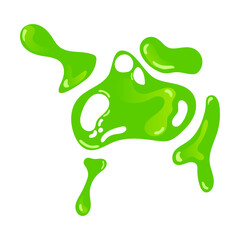 Green jelly like slime splash and blob. Vector illustration of sticky mucus splat or dripping goo liquid. Cartoon slimy droplet isolated on white