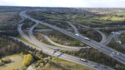 
M25. M25 and M11 motorway junction aerial drone view 