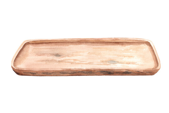 Empty Wooden Tray, Plate From Side View Isolated On A White Background. For Displaying Your Food, Products Or Decoration Compositions. Watercolor Illustration.