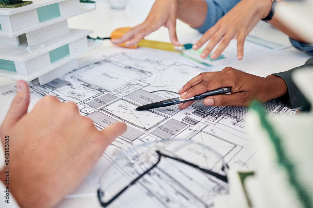 Aufkleber architect, hands and blueprint for building collaboration, planning new project and discussion. engi