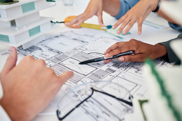 Architect, hands and blueprint for building collaboration, planning new project and discussion. Engineer, teamwork and talking for construction, architecture design or brainstorming creative strategy