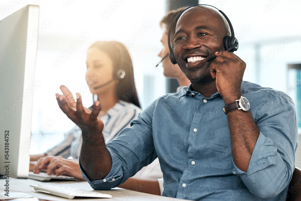 Canvas Prints Call center, black man and talking for customer service, smile and headset in office. Telemarketing, happy male consultant or client support for sales growth, consulting and conversation for business