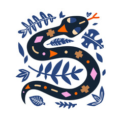 Ornamental snake surrounded by tropical leaves. Magic hand-drawn snake with geometric pattern on the back.