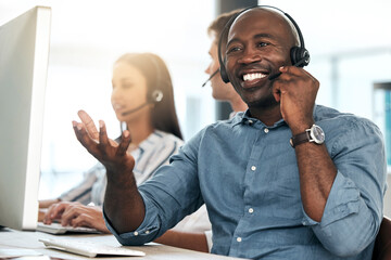 Call center, black man and talking for customer service, smile and headset in office....