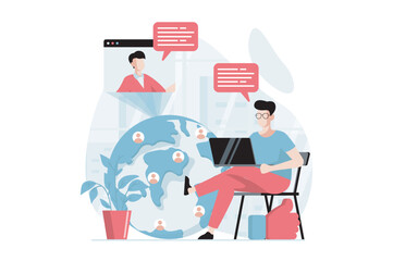 Social network concept with people scene in flat design. Man talks on video call with remote friend, chatting online with contacts from the world. Vector illustration with character situation for web
