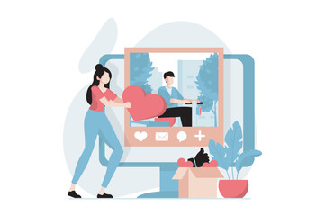 Social network concept with people scene in flat design. Woman likes and writing comment to posting photo of friend or blogger in news feed. Vector illustration with character situation for web