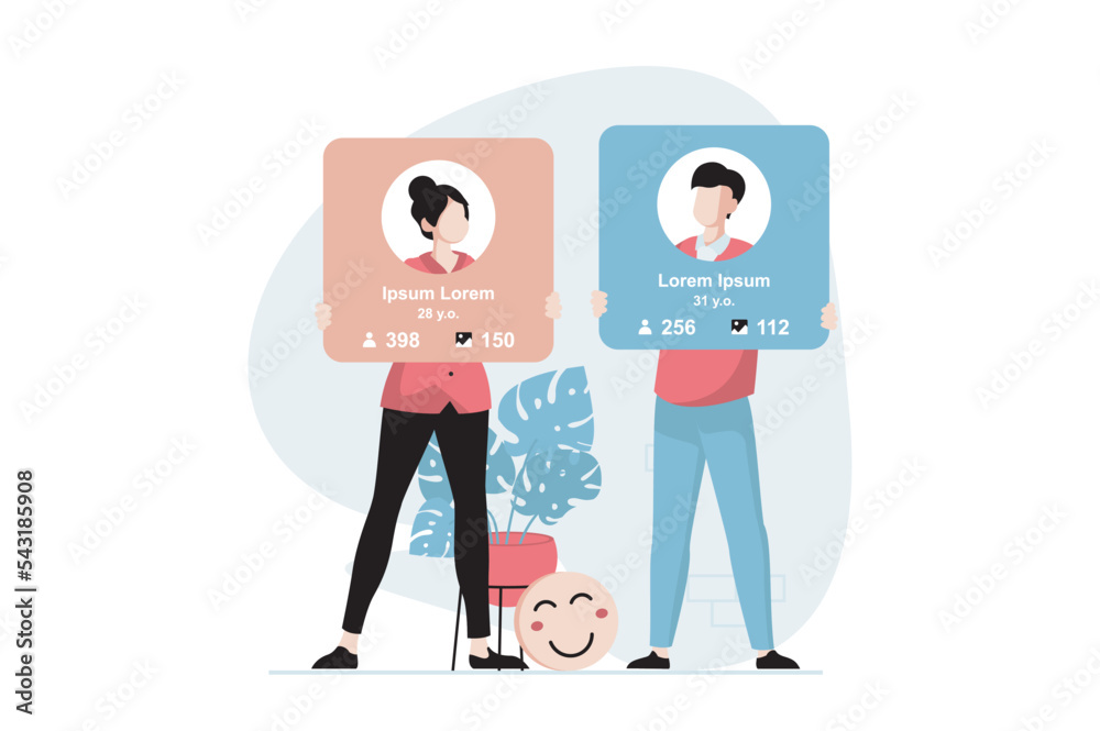 Poster social network concept with people scene in flat design. man and woman maintain their online profile