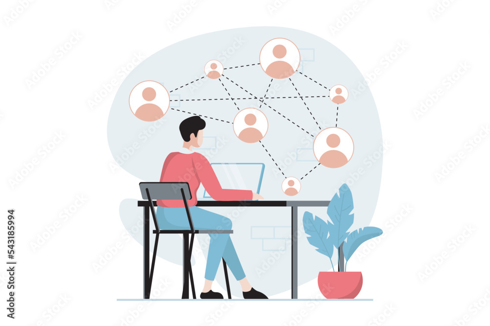 Aufkleber social network concept with people scene in flat design. man communicates online with different cont