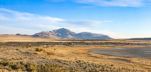 Beautiful shot of the Antelope Island Savanah and dry lake bed of Great Salt Lake