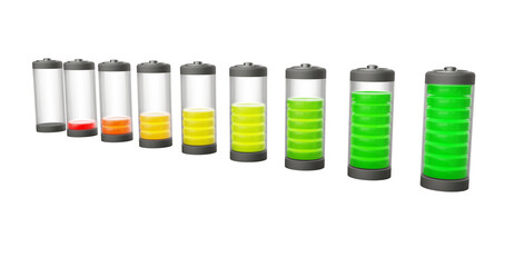 Batteries with a charge level on a transperent  background. 3d rendering