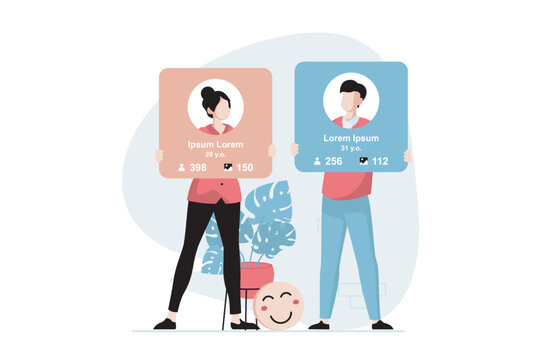 Social network concept with people scene in flat design. Man and woman maintain their online profiles in social networks, publish photos and posts. Vector illustration with character situation for web