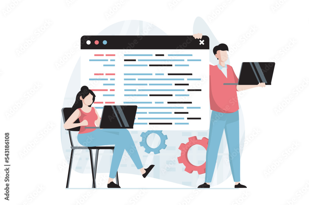 Poster Software development concept with people scene in flat design. Man and woman working as programmer, writing code using laptops, develops programs. Vector illustration with character situation for web