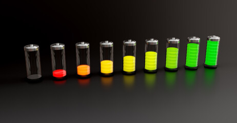 Fototapeta premium Batteries with a charge level on a dark background. 3d rendering