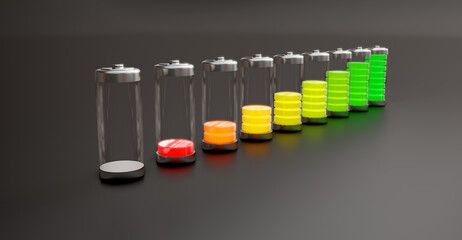 Batteries with a charge level on a dark background. 3d rendering