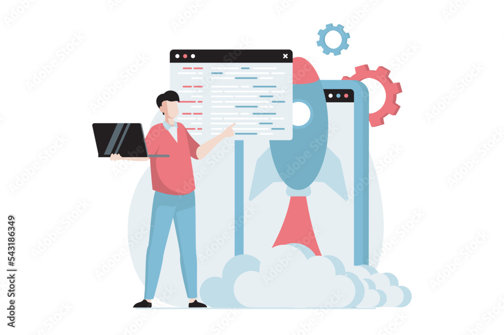Fototapete Software development concept with people scene in flat design. Man developing new product, creating program and working in IT startup company. Vector illustration with character situation for web