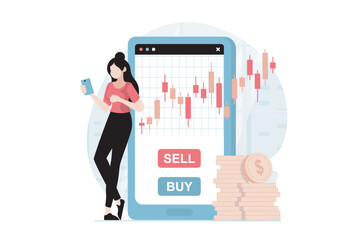Stock market concept with people scene in flat design. Woman analyzes bar chart in mobile application, buys and sells shares of company for profit. Vector illustration with character situation for web