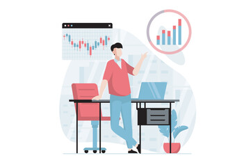 Stock market concept with people scene in flat design. Man is engaged in trading, analyzes bar graphs, charts and market trends, invests money. Vector illustration with character situation for web