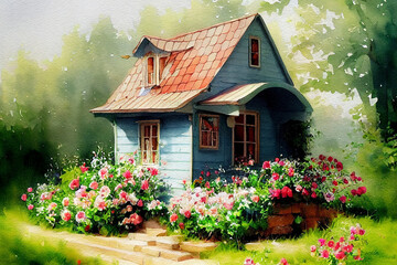 A fairy-tale house painted in watercolor.Flower bed with red flowers.Red Roof House